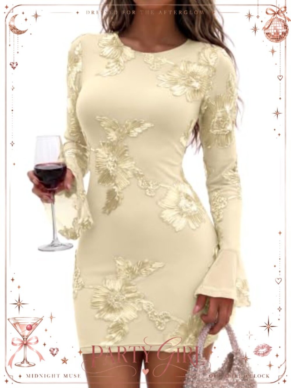 Long Sleeve Floral Mesh Mini Dress - Wedding Guest Cocktail Party - Fully Lined